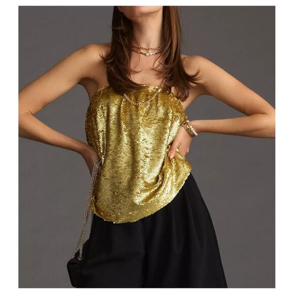 NWT Anthropologie Sequin Tube‎ Top in Butter Yellow/Gold, Size Medium - Picture 1 of 10